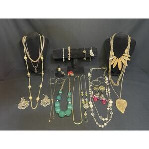 Vintage To Now Goldtone Jewelry Lot Necklace Brooch Bracelet Earrings Ring